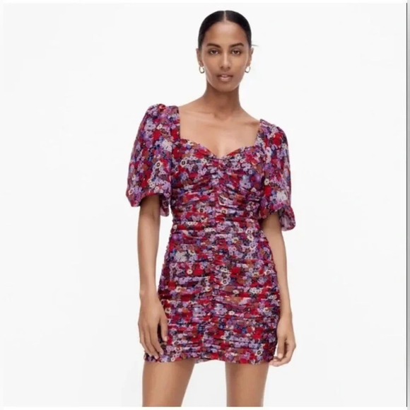 ZARA Blogger Favorite Floral Puff Sleeve Ruched Mini Dress - Picture 1 of 10